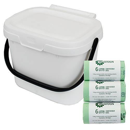 Addis Compost Caddy Food Waste Kitchen Storage Bin - White & Grey & 150 X 6L All-Green Compostable Bags
