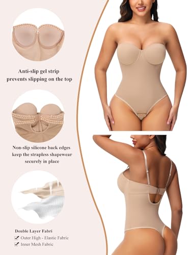 Image of JOYSHAPER Strapless Shapewear Bodysuit for Women Low Back Built-in Bra