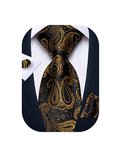 DiBanGu Black Gold Paisley Tie for Men Pocket Square Cufflinks Set Wedding Party Prom