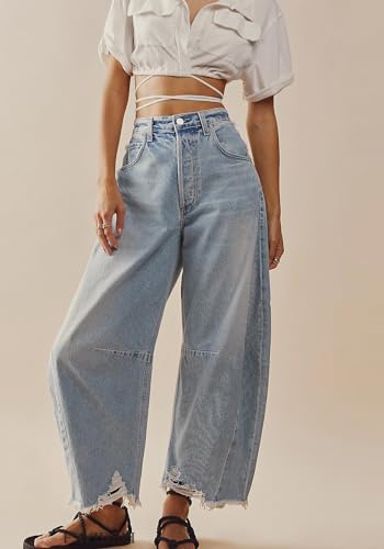 CHARTOU Women Barrel Jeans Distressed Boyfriend Baggy Jeans High Waist Wide Leg Jeans Y2k Ripped Harem Pants3