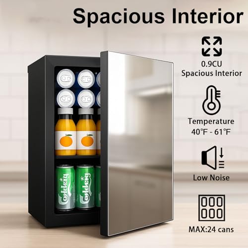 Image of DOGHLY 0.9 Cu.Ft Mini Refrigerator and Beauty Fridge, 24 Cans Mini Fridge with Mirror Door, Temperature Control, Removable Shelf, Compact Cooler for Bedroom, Dorm, Office, Beverage Beauty Storage