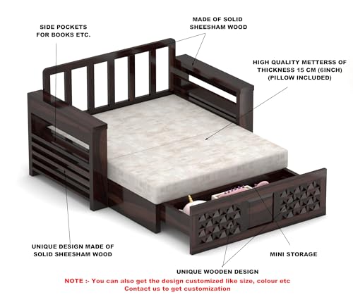 Image of Solid Wood Sofa Cum Bed for Living Room | Modern Wooden Pull-Out Diwan Bed with Cushioned Seating | Convertible 2 Seater Sofa Bed for Home & Guest Room (Walnut Finish)