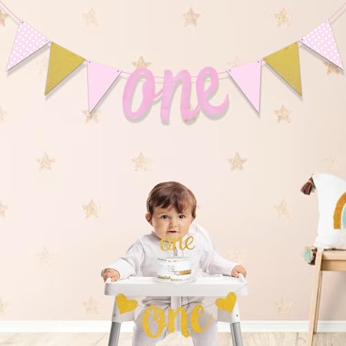 Image of Rozi Decoration Pink One Bunting Banner for First Birthday Parties Decorations, One Bunting Banner for 1st Birthday, Baby Girl Birthday Decoration Kit 1 Year Pack of 1 Set