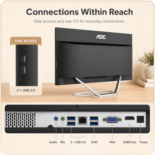 Image of AOC 23.8 inch All-in-One Desktop Computer, 512GB SSD, AMD Ryzen 5, Windows 11