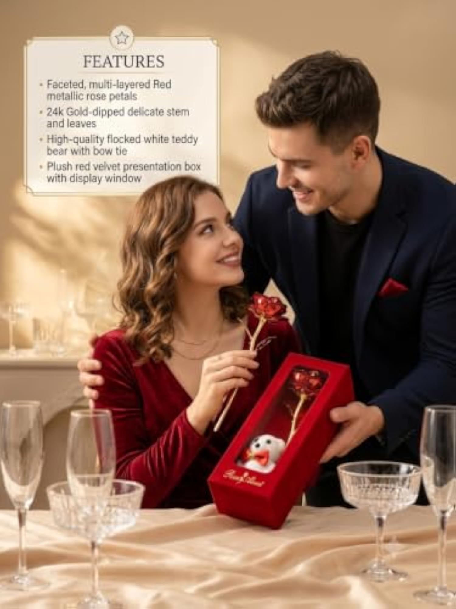 Artificial Rose Gold Stem Teddy Bear Gift Set