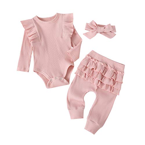 Suranne Newborn Baby Girl Clothes Long Sleeve Outfit Pink Solid Color Ribbed Knitted Cotton Romper Ruffle Pants Headband 3Pcs Fall Winter Set 12-18 Months