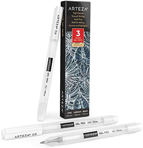 ARTEZA White Gel Pen Set, Pack of 3, White Gel Pens for Art Designs with 0.6mm, 0.8mm, and 1.00 mm Nibs, White Rollerball Pens for Writing, Drawing, Taking Notes & Sketching