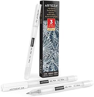 ARTEZA White Gel Pen Set, Pack of 3, White Gel Pens for Art Designs with 0.6mm, 0.8mm, and 1.00 mm Nibs, White Rollerball Pens for Writing, Drawing, Taking Notes & Sketching