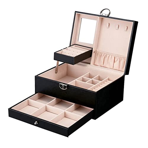 XIWEISONG Joyero Joyería Organizador Joyero Caja de Cuero de 2 Capas Estuche de Almacenamiento de Joyas con Espejo Pantalla de Anillo de Regalo for Mujer niña Joyeros Mujer Organizador(A)