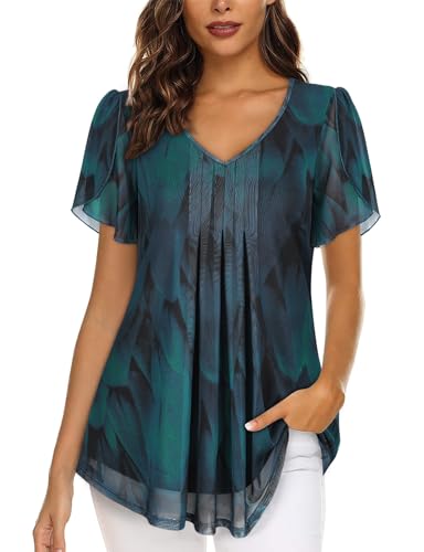 Womens Tunic Tops Womens Blouses and Tops Chiffon Flowy Tunic Shirts Summer Casual Tops Vacation Holiday Lightweight Ladies Top Ruffle Short Sleeve Evening Tops Elegant Blouses T Shirts