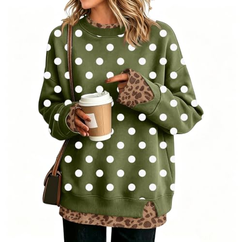 Womens Leopard Sweatshirts Polka Dot Crewneck Layered Sweatshirt Fall