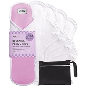 Pixie Organic Cotton Cloth Menstrual Pads – Reusable Regular Absorbency 5 Pack – Certified Organic Cotton Top Layer – Snap Wings for Secure Fit – Machine Washable – Wet Bag Included