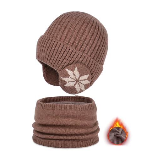 SANGXIU 2PCS Children Inner Plush Trapper Hat with Neck Warmer Set Winter Kids Outdoor Cycling Climbing Hat Warm Trapper Hat Brown
