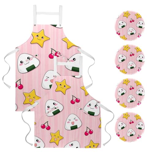 Tablier de cuisine et service résistant motif onigiri multicolore lot de 2