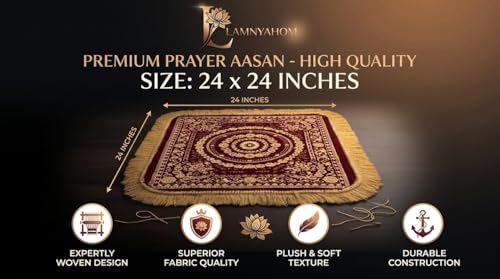 Image of Premium Prayer Mat /Aasan for Home Temple & Meditation | Soft Velvet Touch Cushioned Pooja Mat with Tassels | Washable Floor Rug for Mandir, Yoga, Sitting Mat | 20 x 20 Inch (RED)