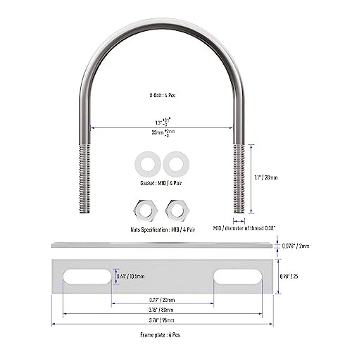 Image of 4 Sets 304 Stainless Steel Round Bend U-Bolts 1.3 inch(33mm) Inner Width 2.52 inch(64mm) Length M10 with Nuts, Frame Plate, Washers, Accessories for Boat Trailer Axle Sailboat Trailer