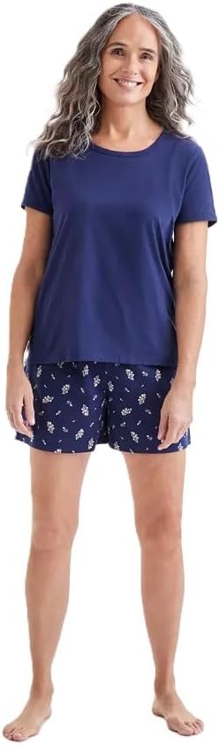 Charter Club Women's Pajama Set, Short Sleeve Top with Floral Print Shorts, Navy Blue, Large