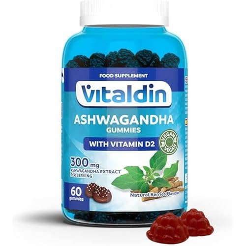 VITALDIN Gominolas de extracto de Raíz de Ashwagandha – 60 Gummies, 300 mg KSM-66 & 1.000 IU Vitamina D2 – sabor Frutos Rojos – Adaptógeno Antiestrés, Calma y relajación – Vegano