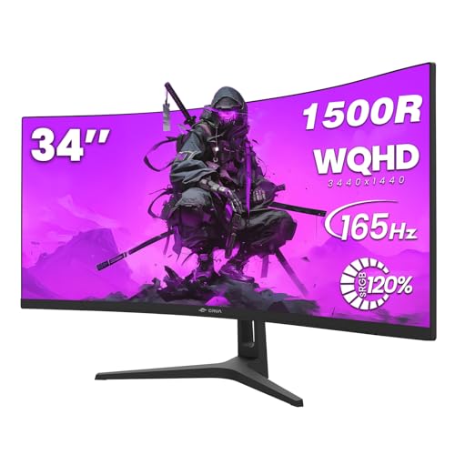 CRUA 34 Inch Curved Gaming Monitor, 21:9 WQHD 3440×1440 165Hz/144Hz 1500R Ultrawide Computer Monitor Support Freesync, PIP/PBP, 120% sRGB, HDMI 2.0 & DP 1.4, Wall Mountable/Tilt Adjustable-Black