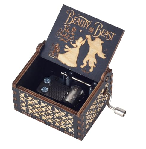 Image of Ddjbdb Beauty Music Box Beast, 18 Note Mechanism Antique Carved Wooden Hand Crank Musical Box Crafts,Valentine Christmas Birthday Gift for Her Wife Girlfriend