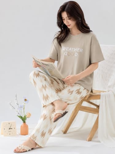 Image of Celary Women's Cotton Blend Printed Night Suit Set||Soft & Breathable Short Sleeve Top & Ethnic Print Pyjama Set||Also Available in Plus Size||Korean Night Suit||Comfortable Home Wear & Sleepwear