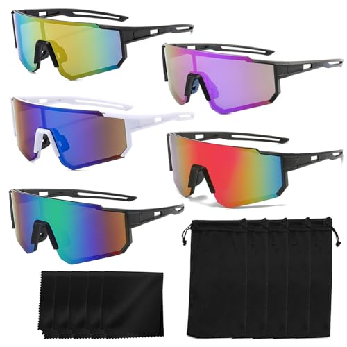 LOEPENLE 5 Stück Sport Sonnenbrille,Polarisiert Fahrradbrille,Fahrradbrille Winddicht,Schnelle Brille Rave Schnelle Radfahrer Brille für Herren Damen,UV400 Laufbrille für Outdooraktivitäten Radfahren