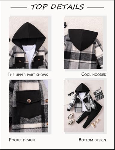Image of Toddler Boy Clothes Plaid Hooded Shirt White T-shirt Top and Solid Color Pants 3Pcs Winter Boys Clothes