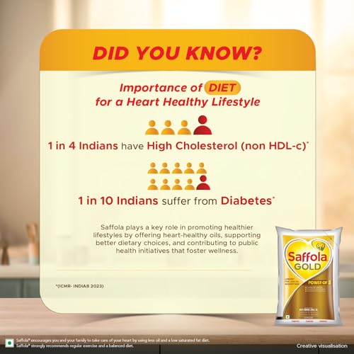 Image of Saffola Gold Refined Cooking oil | Power of 3 - Balance of Good Fats, Triple Anti-Oxidant System & Fortified with Vitamins | Multi-Source Edible Rice Bran & Sunflower Oil | 3 Litre Standee pouch