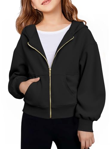 Haloumoning Girls Zip Up Hoodies Kids Casual Long Sleeve Sweatshirt Fall Jacket with Pockets 5-14 Years Black