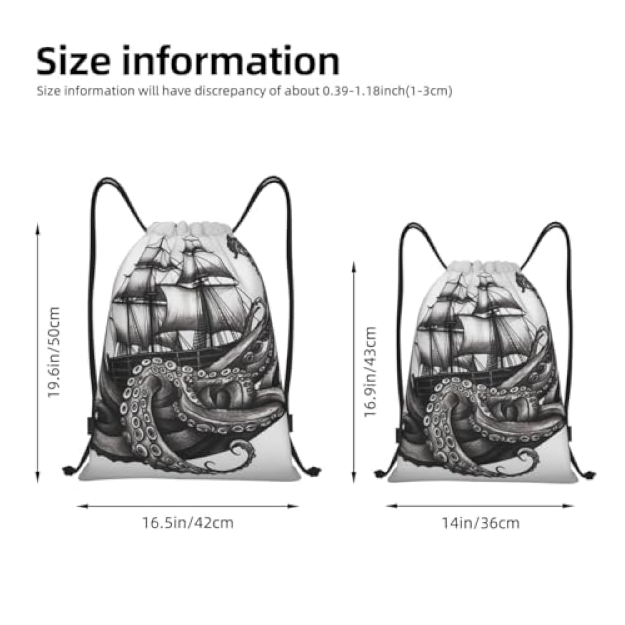 Black and White Octopus and Ship Waterproof Drawstring Backpack, Lightweight