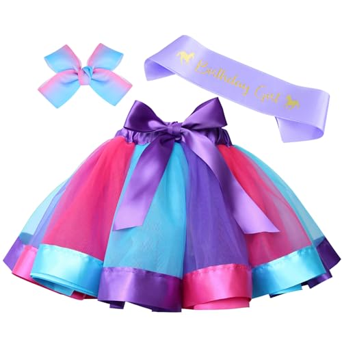 Toycost Layered Rainbow Tutu Skirt Costumes Set with Hair Bows Clips and Satin Sash for Girls Birthday Party Dress up (Purple/Blue/Rose Rainbow L 4t~8t)