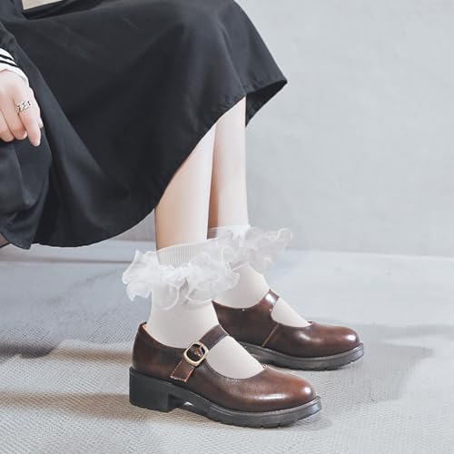 Image of Women Big Ruffle Ankle Socks Adult Double Lace Frilly Turn Cuff Dress Socks Cotton Cute Fancy Bobby Crew Socks