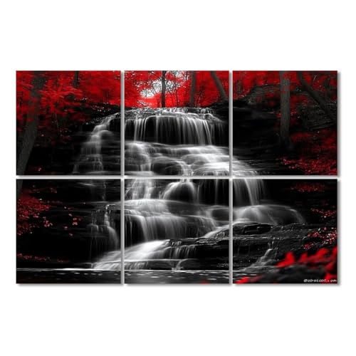 6 Pack Paneles Acústicos Artísticos Absorbentes de Sonido en Negro, Blanco y Rojo con Diseño de Paisaje de Cascada y Bosque, Autoadhesivos, para Estudios de Grabación y Oficina, 72"x48" miniatura 1