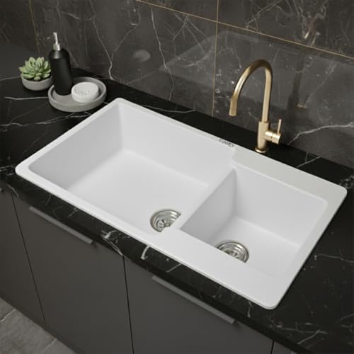 Image of EVANEX Quartz Kitchen Sink|Double Bowl Sink for Kitchen|Topmount /Undermount Kitchen Sinks|White Double Sink with Connector, Waste Pipe, Coupling and Drain Basket|34x20x9 Granite Kitchen Sinks