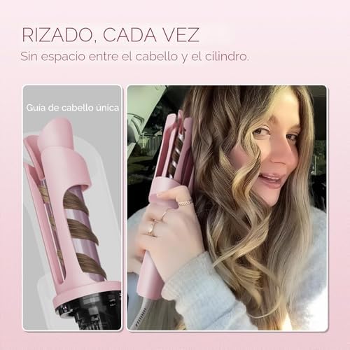 TYMO Automatic Rotating Curling Iron — side view showing full product dimensions