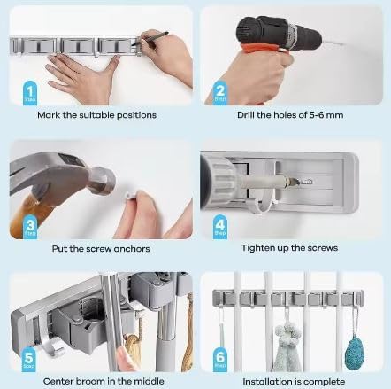 Image of STAR WORK Heavy-Duty Space Aluminum Wall Mop & Broom Holder, Waterproof Organizer with Dual Non-Slip Grips and Utility Hooks, No-Drill Adhesive Mount for Kitchen, Bathroom. (3 MOP HOLDER 4 HOOKS)