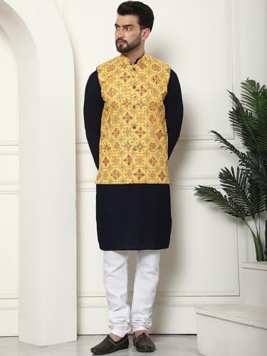 Image of SOJANYA (Since 1958 Men's Cotton Linen Maroon Kurta and White Pyjama with Mustard Cotton Nehru Jacket