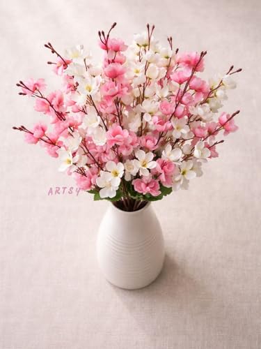 Image of ARTSY Artificial Flowers Bunch for Decoration Cherry Blossom, Ideal for vase, Home, Office Decor, Gifts, Craft, Artificial Plants for Decoration, Without vase, White Pink, Combo, 2 Pieces, Polyester
