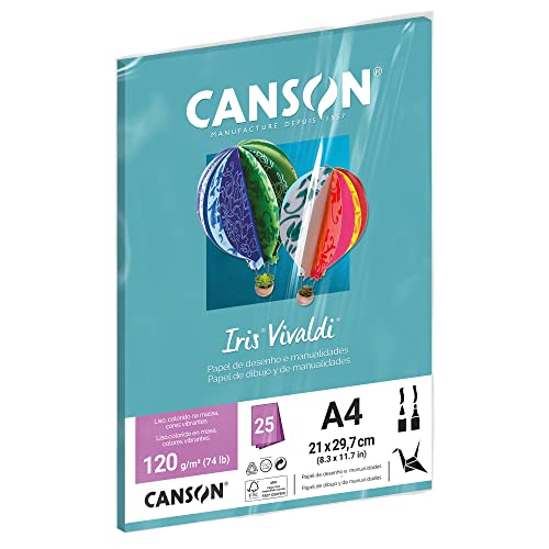 CANSON Iris Vivaldi, Papel Colorido A4 em Pacote de 25 Folhas Soltas, Gramatura 120 g/m², Cor Azul T