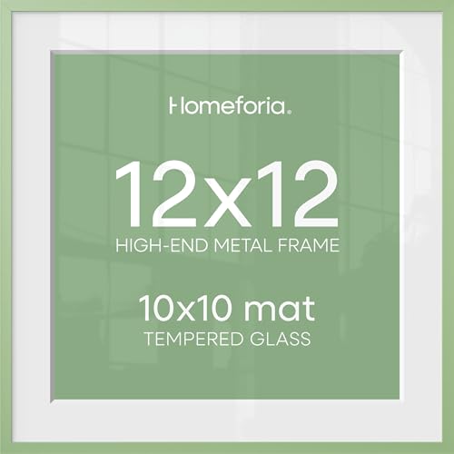 Image of Homeforia 12x12 Picture Frame Sage Green, High End Metal 12 x 12 Square Poster Frame with Mat 10 x 10 Photo, 12x12 Frame Matted to 10x10 Print, 12by12 Hanging Frame, Tempered Glass, Wall Kit, Set of 1