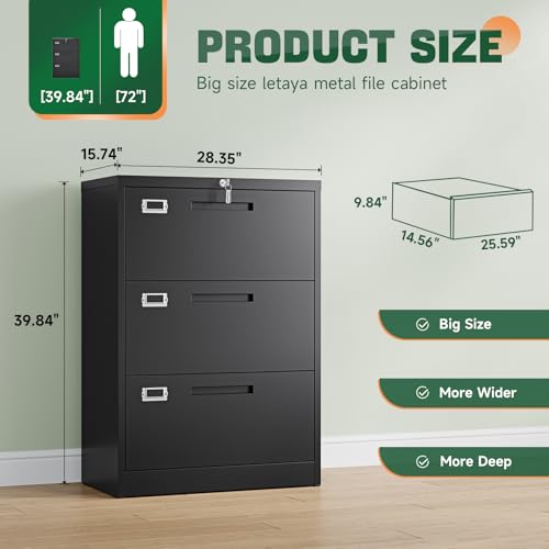 Image of Letaya 3 Drawer File Cabinets with Lock,Metal Lateral Filing Storage Cabinet Printer Stand,Black Steel Home Office Cabinet for Hanging Files Letter /Legal /A4 Size (Black, H39.84xW28.35xD15.74)