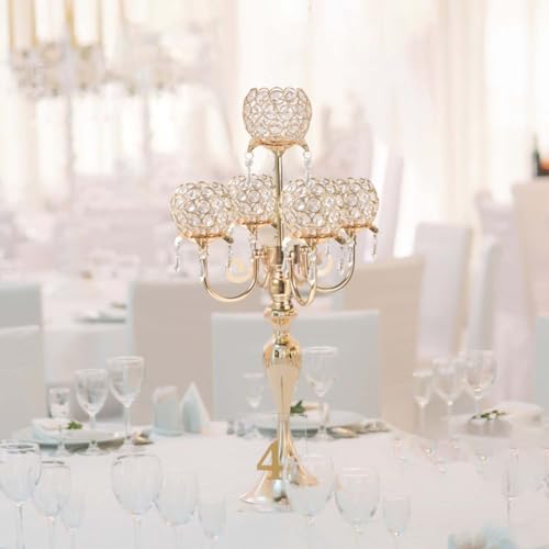 Kehail Set of 4 Candlesticks 5 Arm Crystal Strap Pendant Gold Table Decor Candelabra, 22.5 inches Elegant Dining Room Centerpieces for Holiday Parties Weddings (4, Gold) by kehail - Image 5