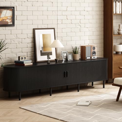Image of ONBRILL 94.5 inch TV Stand with Power Outlet for TVs up to 102 Inch, Entertainment Center with Storage and Adjustable Shelves, Modern Media Console with Sliding Doors for Living Room, Black