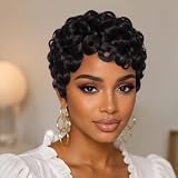 MGOKEMAY Short Pixie Cut Wig for Women Curly Wave 1B Color Pixie Wigs Layered Wave None Lace Front Glueless Wigs Throw On and Go Wig
