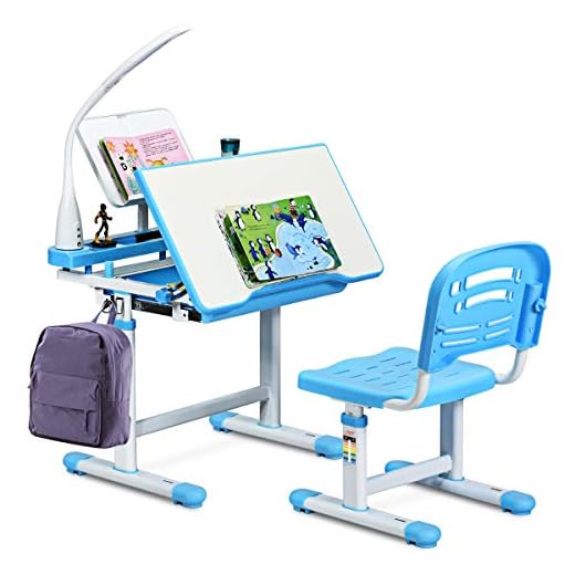 Baby Joy Kids Desk and Chair Set, Height Adjustable, Kids Study Table with Book Stand, Pull Out Spacious Storage Drawer (Blue)