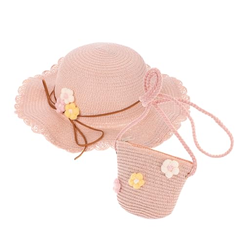 2pcs Beach Hat and Bag Set Foldable Straw Sun Protection Hat with Matching Purse for Summer Fun for Family Outings Stylish and Comfortable for Vacation Adventures Pink
