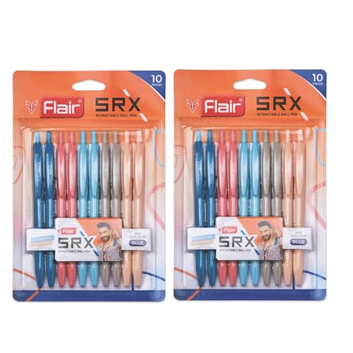 Image of Flair Srx 0.7mm Retractable Ball Pen Blister Pack | Triangular Body Design For Better Grip | Light Weight Refillable | Smooth Writing Experience | Vibrant Solid Body Colours | Blue Ink, Pack of 20 Pen
