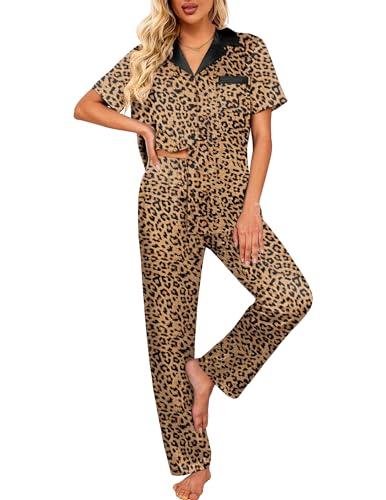 Image of Ekouaer Satin Pajamas Set for Women Silk Button Down Sleepwear Short Sleeve Loungewear 2 Pieces Nightwear
