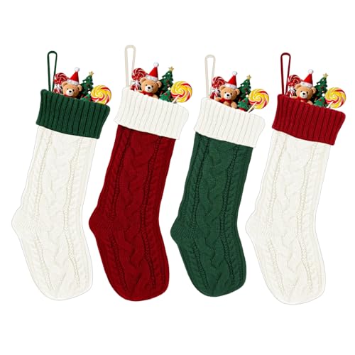 Summerdate Medias de Navidad de 46 cm, 4PCS Calcetines Navideños Tejidos, Gran Decoración Navideña con Patrones Clásicos, Adorno Colgante para Chimenea