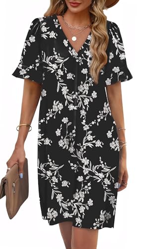 Image of OFEEFAN Summer Dresses for Women Ruffle Short Sleeve V Neck Casual Shift Dress with Pockets